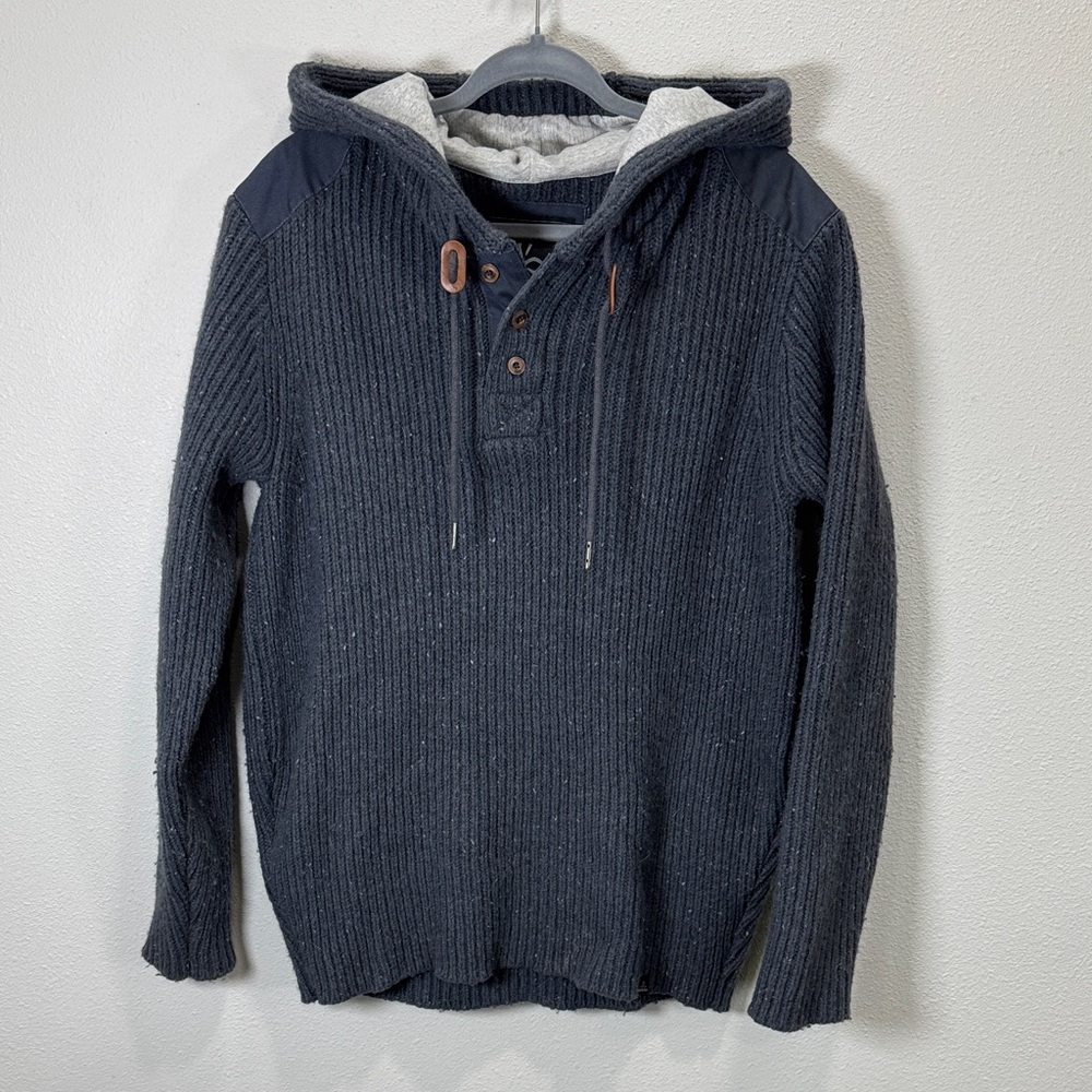 Prana Hooded Henley Sweater lambs wool blend Hooded Rib-Knit Pullover Sweater
